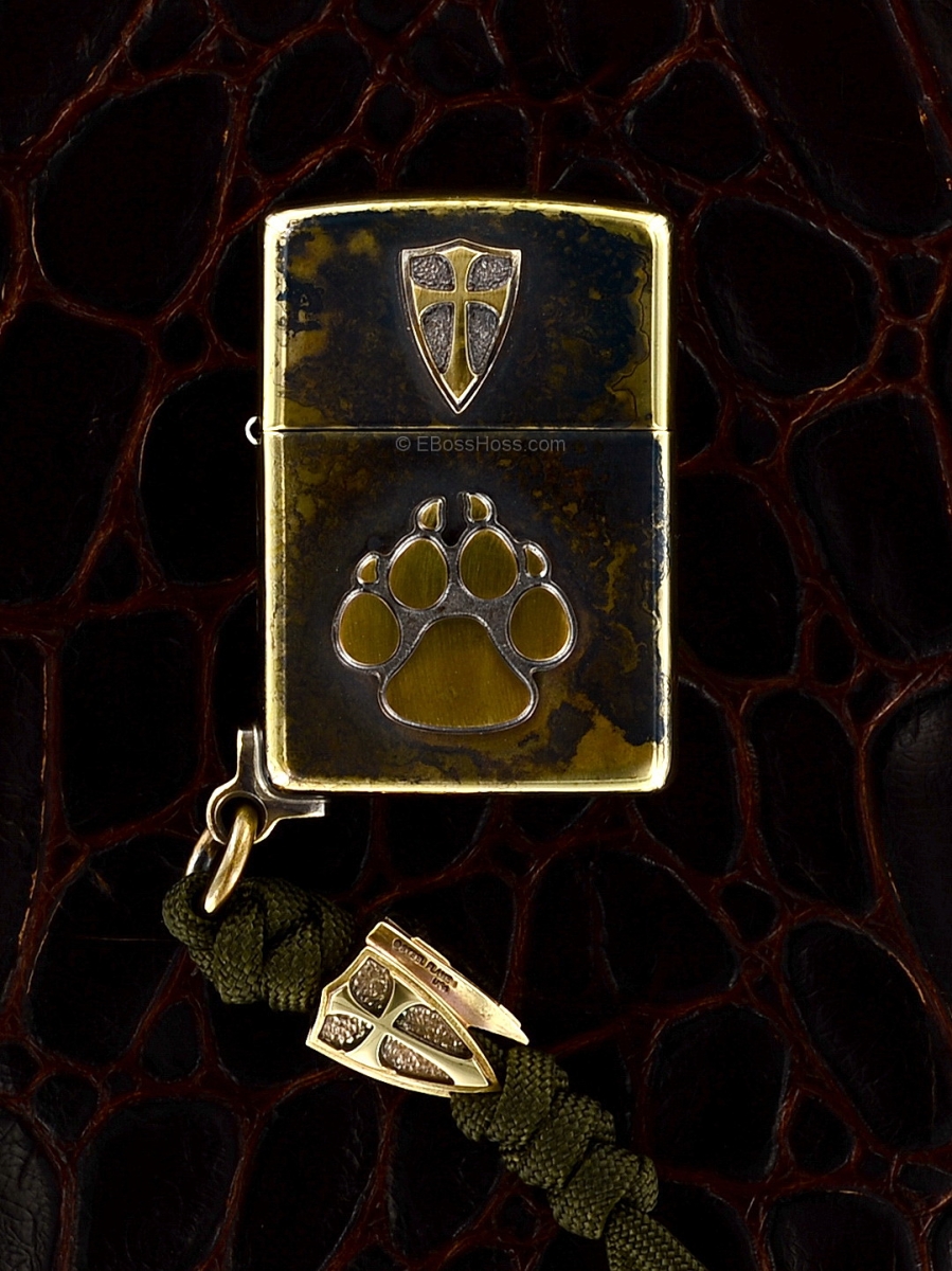  Steel Flame Bronze Cursader - Dog Paw Zippo w/Tri-Cross Bead