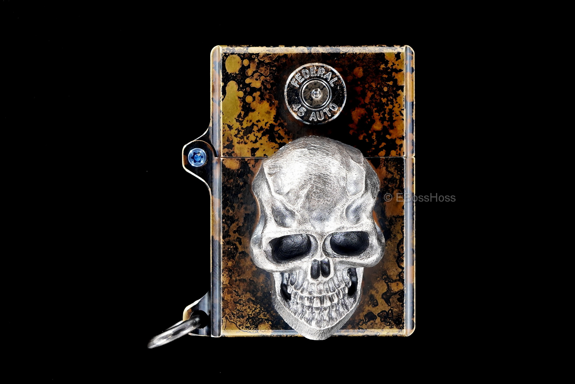  Steel Flame Custom Sledge Lighter ONE - with XXX Darkness Sterling Silver Skull by Derrick Obatake